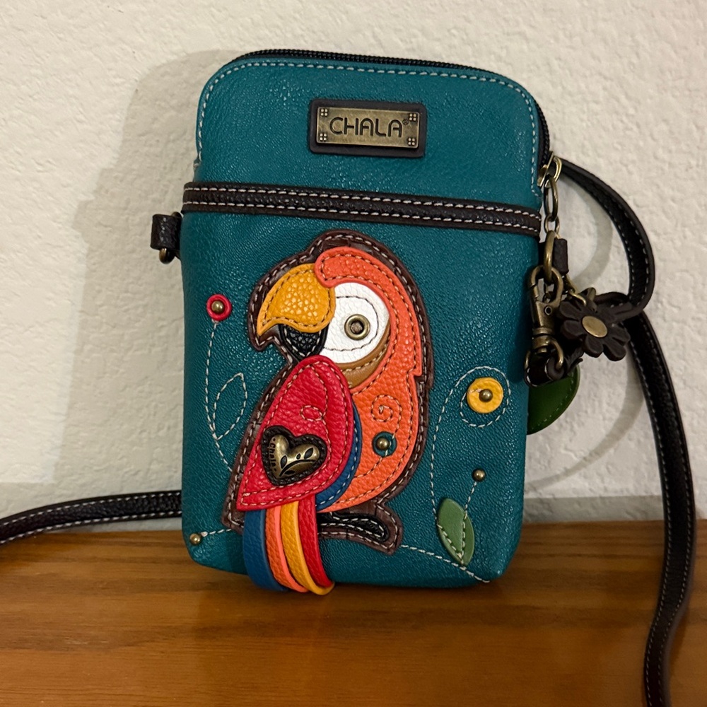 Chala Teal Bag with Colorful Parrot Accent
